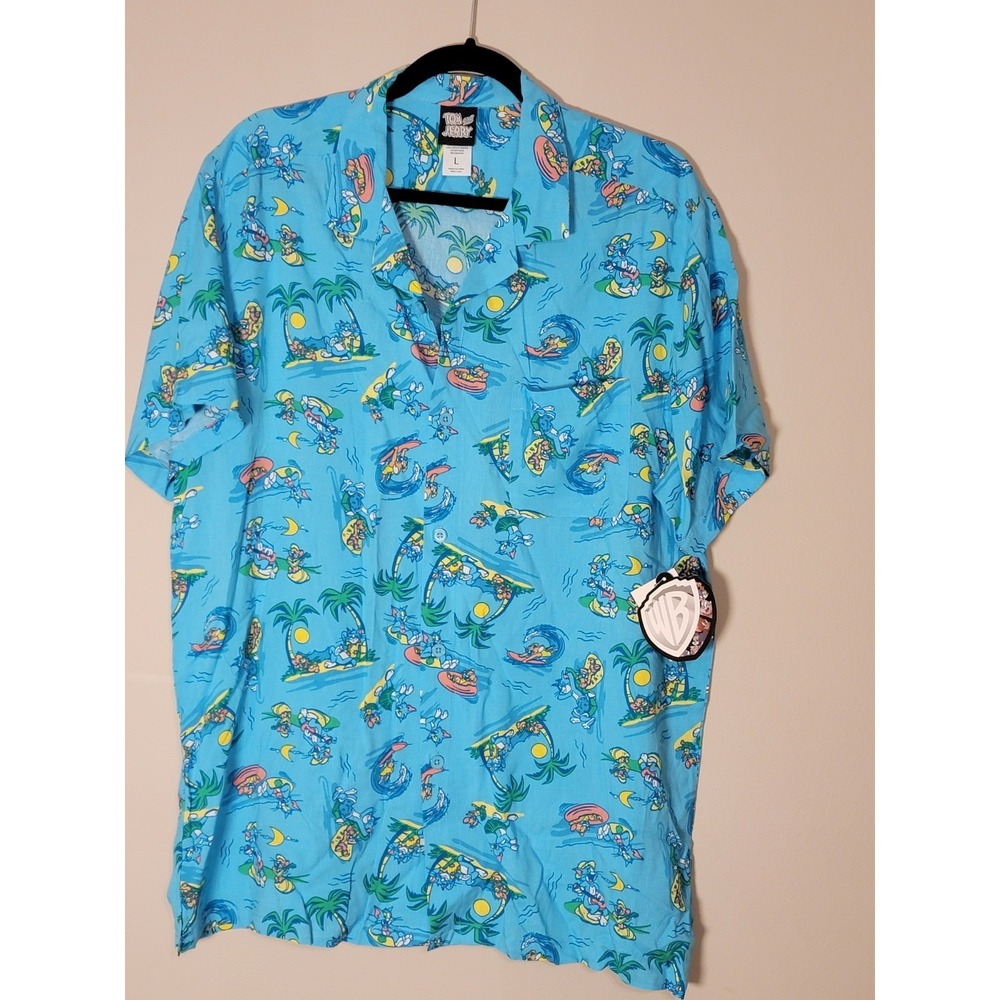 Tom And Jerry Shirt Mens LARGE Novelty Blue Button Up Rayon‎ - Picture 3 of 7